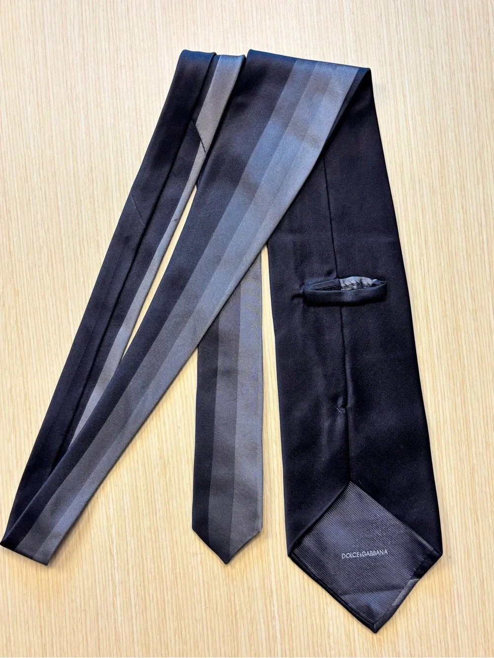 Dolce & Gabbana VTG Cravatte Silk Tie Gray Black Vertical Block Stripe Italy